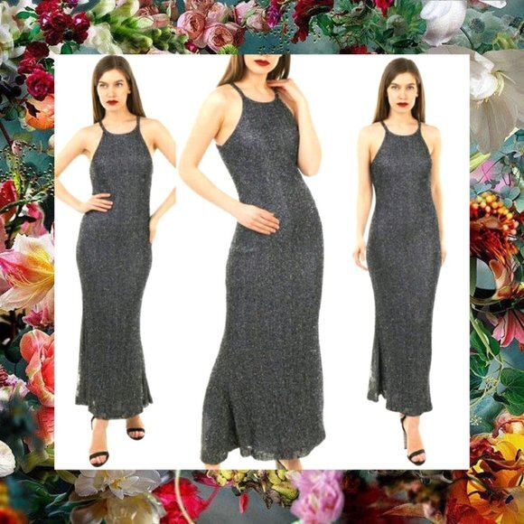 BADGLEY MISCHKA Dress Sequins Gown Black Wedding Evening Sparkle Beaded‎ 0 XS - Picture 1 of 11